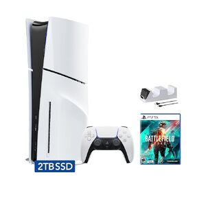 PlayStation 5 Slim Disc 2TB SSD Edition Bundle with Battlefield 2042 and C-Gamers Dual-Controller Charger - PS5, White