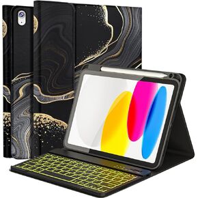 Fuwang for iPad A16 11th Generation Generation مع لوحة المفاتيح ، 7 ألوان قابلة للفصل ، حالة لوحة مفاتيح الرخام اللاسلكية مع حامل قلم رصاص لـ iPad A16 11th 11 بوصة 2025 و 10 Gen 10.9 بوصة 2022 ، أسود