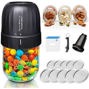 Electric Mason Jar Vacuum Sealer Kit, Fully Automatic Jar Vacuum Sealer for Wide Mouth and Regular Mouth Mason Jars with Opener & 5 Pairs of Mmason Jar Lids & 2 reusable vacuum seal bags