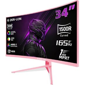 34 inch Ultrawide Curved Gaming Monitor, 21:9 WQHD 3440×1440 165Hz Computer Monitors, 1500R 1ms(MPRT), 125% sRGB, 350nits, FreeSync, HDMI2.0 x2, DP1.4 x2, Wall Mountable/Tilt Adjustable Pink