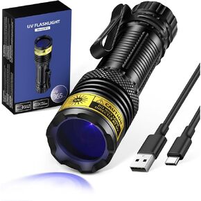 UV Flashlight USB قابل لإعادة الشحن 365nm مصباح أسود ، مصباح الخشب المحمول محمولة محمولة LED LED Blacklight لبول الحيوانات الأليفة ، الصخور ، راتنج المعالجة