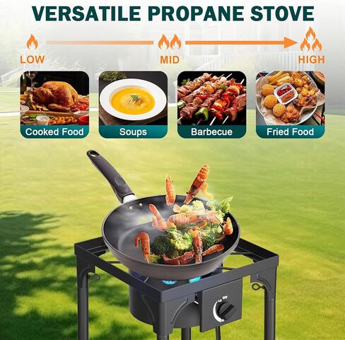 Single Burner Propane Stove, 75,000 BTU/hr, High Pressure Outdoor Propane Burner with 0-20 PSI Regulator and 4ft Hose, Gas Stove for Patio Backyard Camping with Detachable Stand Legs in Kuwait