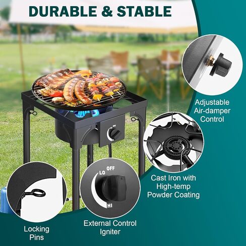Single Burner Propane Stove, 75,000 BTU/hr, High Pressure Outdoor Propane Burner with 0-20 PSI Regulator and 4ft Hose, Gas Stove for Patio Backyard Camping with Detachable Stand Legs in Kuwait
