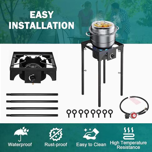 Single Burner Propane Stove, 75,000 BTU/hr, High Pressure Outdoor Propane Burner with 0-20 PSI Regulator and 4ft Hose, Gas Stove for Patio Backyard Camping with Detachable Stand Legs in Kuwait