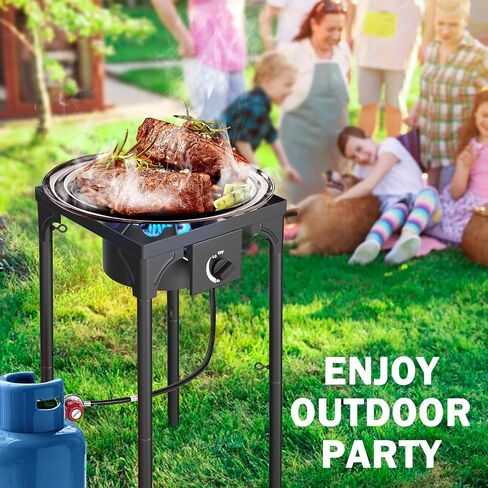 Single Burner Propane Stove, 75,000 BTU/hr, High Pressure Outdoor Propane Burner with 0-20 PSI Regulator and 4ft Hose, Gas Stove for Patio Backyard Camping with Detachable Stand Legs in Kuwait