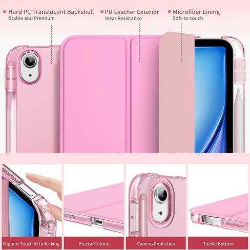 Moko for iPad Air 11 Inch Case M3/M2 2025/2024 ، iPad Air 5th/4th Gen 10.9 inch case 2022/2020 مع حامل قلم رصاص ، غطاء ثلاثي الأوزان خفيف الوزن مع قذيفة خلفية صلبة ، وردي ، وردي in Saudi Arabia