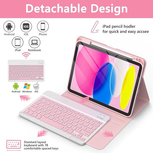 TaIYanG for iPad A16 11/10th Generation Case with Keyboard- Detachable Bluetooth Keyboard Case with Pencil Holder, Thin & Light- Folio Cover for iPad 11 inch A16 2025 10th Gen 10.9 Inch 2022 (Pink) in Saudi Arabia