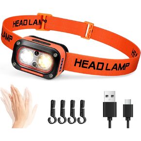 DARKBEAM LED Headlamp High Lumens USB Rechargeable Dual Light Headlight for Hardhat with Motion Sensor, Red Warning Light Up/Down Adjustable, Waterproof Head Lamps for Camping, Car Maintenance