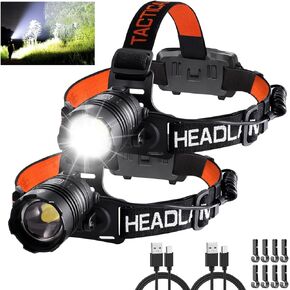 2Pack Super Bight Headlamp Rechargeable, Adjustable Focus LED Head Lamp Outdoor, 4Mode Head Lights for Forehead, Waterproof Headlamps for Adults Camping Hard Hat