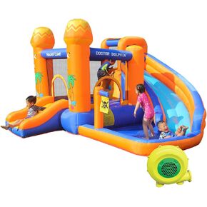 Doctor Dolphin Inflatable Water Slide, Toddle Bouncy House with Blower, Water Bounce House for Wet and Dry with Splash Pool,Bouncy House Water Park for Kids Outdoor
