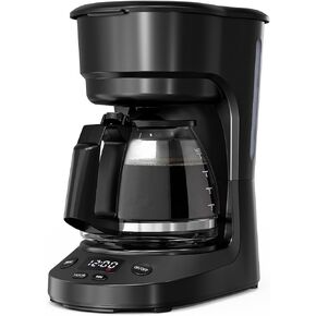 WAA 5 Cup Drip Coffee Maker, Portable Coffee Machine with Programmable Timer, 2H Auto Shut-Off, Delay Brew, Keep Warm Plate, 25oz Water Tank, Reusable Filter, Black