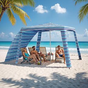 Beach Cabana-6.6x6.6’Beach Canopy with Side Wall,Portable Umbrella Tent with Sand Pockets for Family & Friends,Easy Up Beach Sun Shelter for Outdoor Patios,Backyards,and Camping,Stripe