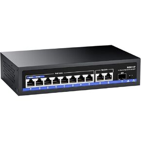 11-Port PoE Gigabit Switch, 8 PoE+ Port, 2 Gigabit Uplink, 1 SFP Port, 120W AI Detection, Qos, Fanless Metal Plug & Play Unmanaged Network Switch