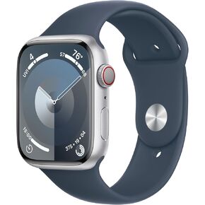 Apple Watch Series 9 [GPS + Cellular, 45mm] - Aluminum Silver Case with Storm Blue Sport Band, M/L