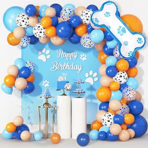 121Pcs Blue Birthday Party Supplies Balloons Garland Kit, Blush Nude Blue Orange Dog Paw Balloons Arch Bone Balloon for Boys Girls Baby Shower Blue Theme Birthday Party Decorations
