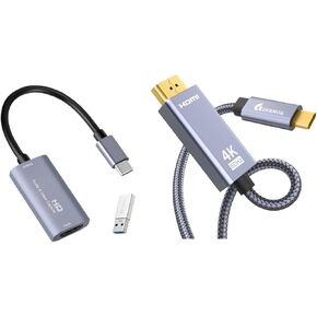 Guermok USB3.0 بطاقة التقاط الفيديو/USB-C إلى مجموعة كبلات HDMI 4K ، 1080p 60 إطارًا في الثانية ، و SLACK CABLE & PLAY 6.56 قدم لماك كوك ، و iPad ، و Windows ، و OBS ، و ZOOM ، و SHOOM ، و Thunderbolt 3/4 مدعوم (حزمة)