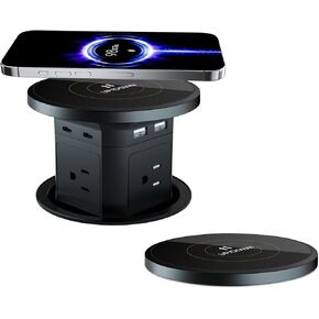 9-in-1 Pop-Up Outlet with Wireless Charging – 4 AC & 4 USB Ports, 2500W Overload Protection, 100-240V Global Voltage, 4-1/8" Cutout – Hidden Countertop Power Hub for Kitchen, Office, Conference Table