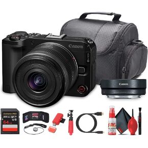 Canon EOS R50 V Camera + 14–30mm Power Zoom Lens (6895C012) | 24.2MP APS-C | 4K60p Video | Flip Screen | All-in-One Vlogging for Creators + Adapter EF-EOS R + 64GB Memory Card +More (Renewed)