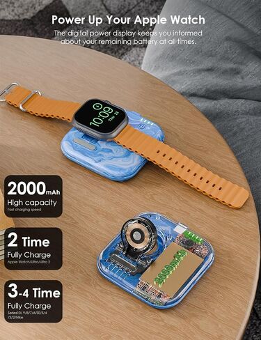 محمول لشاحن Apple Watch 2000mAh-بنك طاقة مغناطيسي قابل للطي للسلسلة 2-10/SE/Ultra1/2 ، شاحن احتياطي للطوارئ مع كابل Type-C Travel in Kuwait