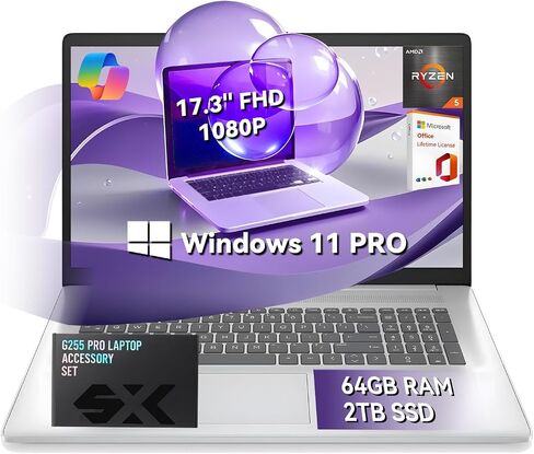 HP 17 inch Laptop for Business and Students, Ms Office Lifetime - Wins 11 Pro, AMD Ryzen 5 (Beats i7-1165G7), 17.3" FHD, Copilot, Numeric Keypad, w/Accessory (64GB RAM | 2TB SSD) in Saudi Arabia
