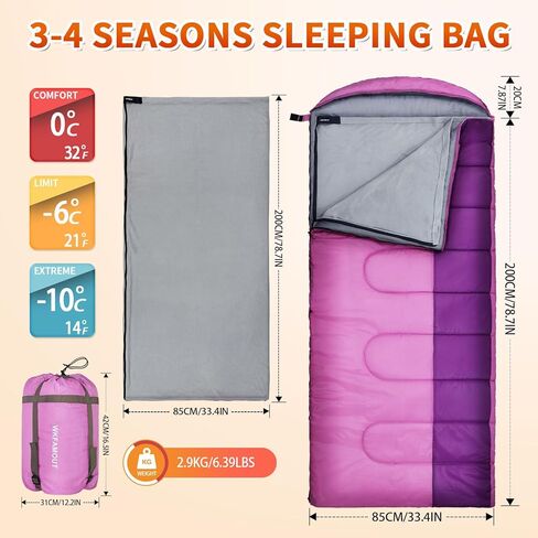 XL 10 Degree Sleeping Bags Waterproof for Adults 350GSM Machine Washable with Compression Sack for 3-4 Season Camping Outdoor in Kuwait