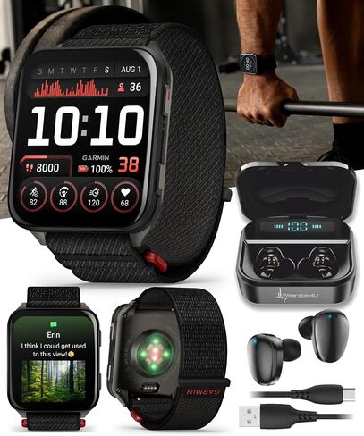 Wearable4U Garmin Venu X1 Whin and Lightweight GPS Smartwatch ، شاشة AMOLED ، أسود مع Slate Titanium Comfort Fit Nylon Band Bank Bundle in Saudi Arabia