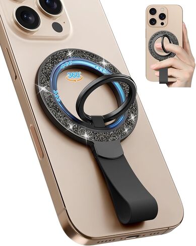 Toycamp Phone Grip Ring Holder Stand Compatible with MagSafe - Magnetic Phone Accessories Grip for iPhone 16 Pro Max/16 Pro/16/15/14/13/12 Series Glitter Removable Rotatable Cute for Women, Black in Saudi Arabia