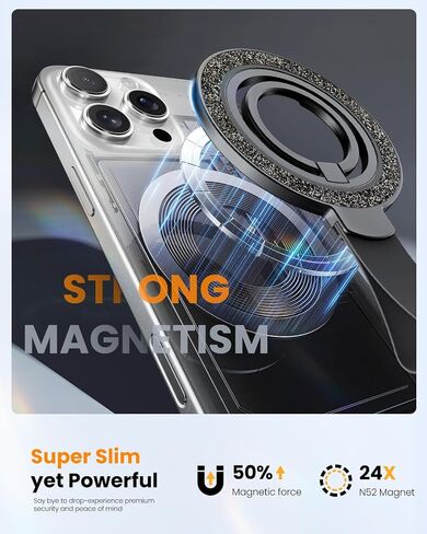 Toycamp Phone Grip Ring Holder Stand Compatible with MagSafe - Magnetic Phone Accessories Grip for iPhone 16 Pro Max/16 Pro/16/15/14/13/12 Series Glitter Removable Rotatable Cute for Women, Black in Saudi Arabia