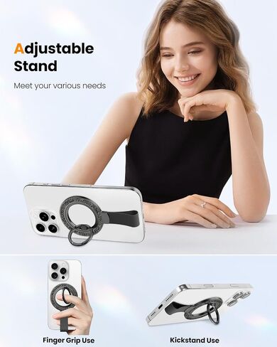 Toycamp Phone Grip Ring Holder Stand Compatible with MagSafe - Magnetic Phone Accessories Grip for iPhone 16 Pro Max/16 Pro/16/15/14/13/12 Series Glitter Removable Rotatable Cute for Women, Black in Saudi Arabia