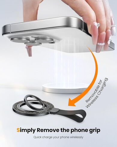 Toycamp Phone Grip Ring Holder Stand Compatible with MagSafe - Magnetic Phone Accessories Grip for iPhone 16 Pro Max/16 Pro/16/15/14/13/12 Series Glitter Removable Rotatable Cute for Women, Black in Saudi Arabia