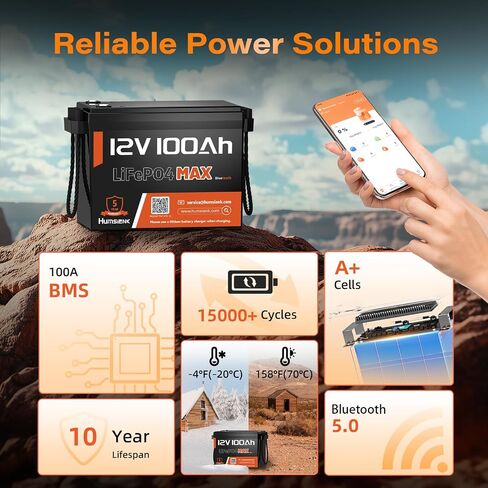 12V 100AH ​​LIFEPO4 Lithium Battery Max مع Bluetooth 5.0 ، 15000+ دورات عميقة ، 1280WH بطارية الفوسفات الحديد الليثيوم ، المدمج في 100A BMS مع حماية منخفضة للإيقاع للربع البحري ، البحرية ، المحركات المتصيد in Saudi Arabia