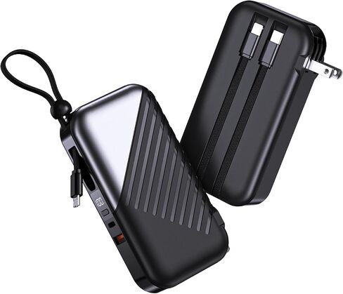 USB C Portable Charger with Wall Plug 10000mAh Power Bank Fast Charging 27W Portable Charger with Built in Cable Phone Portable Charger for iPhone Samsung Android, Black in Saudi Arabia