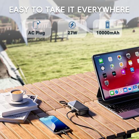 USB C Portable Charger with Wall Plug 10000mAh Power Bank Fast Charging 27W Portable Charger with Built in Cable Phone Portable Charger for iPhone Samsung Android, Black in Saudi Arabia