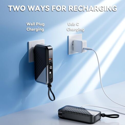USB C Portable Charger with Wall Plug 10000mAh Power Bank Fast Charging 27W Portable Charger with Built in Cable Phone Portable Charger for iPhone Samsung Android, Black in Saudi Arabia
