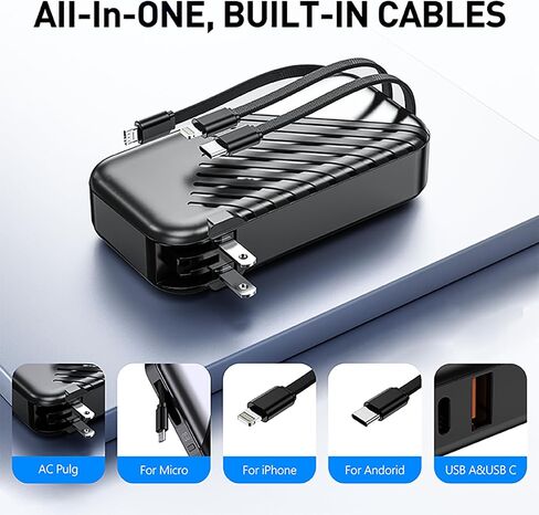 USB C Portable Charger with Wall Plug 10000mAh Power Bank Fast Charging 27W Portable Charger with Built in Cable Phone Portable Charger for iPhone Samsung Android, Black in Saudi Arabia