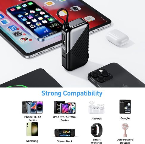 USB C Portable Charger with Wall Plug 10000mAh Power Bank Fast Charging 27W Portable Charger with Built in Cable Phone Portable Charger for iPhone Samsung Android, Black in Saudi Arabia