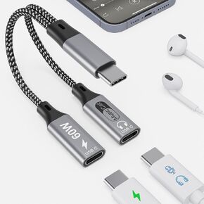 Dual USB C Headphone and Charger with PD 100W Fast Charging, USB C Splitter Audio and Charging Surpport Music, Calling, Dual Type C Dongle Adapter for iPhone 16/15 Series, iPad, MacBook, Android