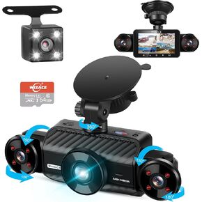 4 Channel Dash Cam 360° View, WIZACE 1080P Front and Rear Inside, Left Right Dash Camera for Cars, Multi-Ch FHD 8 IR Lamps Night Vision, Free 64GB SD Card, G-Sensor, HDR, 24H Parking Mode