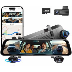 2025 Rearview Mirror Camera for Cars,12'' Mirror Dash Cam 4 Channel, 360 Dashcam Front Rear Inside,Touch Screen Backup Camera,IR Night Vision,WiFi,APP,GPS, 24/7 Recording Parking Monitor,Free 128GB SD