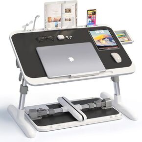 UNICOO Height Adjustable Laptop Table with Foldable Legs, Book Stand & USB Port | Portable Laptop Stand for Desk, Bed & Couch | Lap Desk with Phone Holder & Tablet Slot (Jet Black)