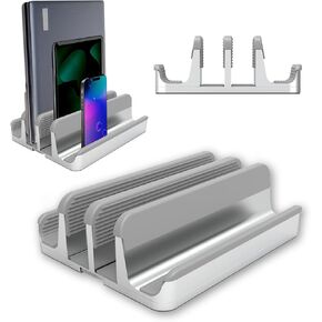 Elestoria 4 Device Vertical Laptop Stand – Adjustable Desktop Dock for MacBook, Dell, HP, Lenovo, iPad, Tablets & Phones – Multiple Slot Holder (Fits Up to 17.3") – Gray