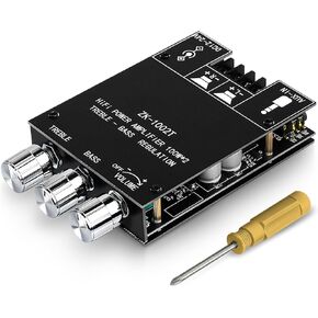 ZK-1002T 2.0 Channel Bluetooth 5.0 Amplifier Board, 200W HiFi Subwoofer Audio AMP with Treble and Bass Control, DC12-24V, BT and AUX Inputs, TPA3116D2 Chip Stereo AMP Board for DIY Speakers
