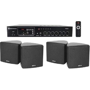 Rockville Commercial Restaurant Bluetooth Amplifier+(4) 3.5" Black Cube Speakers