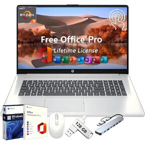 HP 17 Business Laptop, 17.3" HD+ Touchscreen, Office Pro Lifetime License, 32 GB RAM, 1 TB SSD, AMD Ryzen 5 7530U 6-Core CPU, AMD Radeon Graphics, HD Webcam, Wi-Fi 6, Windows 11 Pro, w/Accessories