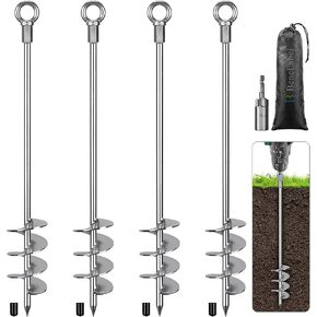 4 Pack 24 Inch Ground Anchors Screw in Heavy Duty Earth Anchor Stakes Kits Carbon Steel High Wind Trampoline Anchor 30MM Blade Spiral Tent Anchors for Sheds, Swing Set, Carport, Canopy, Fixed Boat