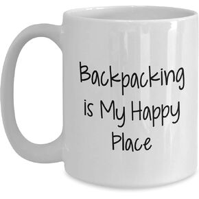 Backpacking Gifts from Friends for Christmas - 'Backpacking Is My Happy Place' White Coffee Mug