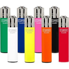 8 Clipper Reusable Lighters Assorted Solid Colors Refillable Reflintable Regular Size - 1 Clear, 1 White, 1 Yellow, 1 Orange, 1 Red, 1 Green, 1 Blue, 1 Black