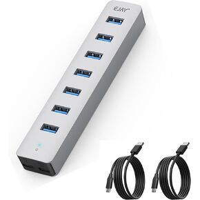 Multi Ports USB3.0 HUB,Extra Power Supply Port,3.3FT(1M) Long Data Cable and 3.3FT(1M) Long Power Cable,Aluminum 5Gbps High Speed USB Splitter,Multi Port Extender Hub for PC, Laptop, Mac,etc (HA-7U)