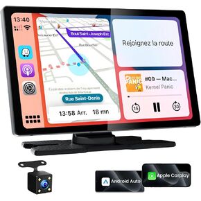 9.0 "شاشة Carplay اللاسلكية للسيارة ، شاشة Android Auto للسيارة مع كاميرا احتياطية ، ستيريو للمستحضر باللمس المحمولة مع تنقل GPS/مرآة/التحكم الصوتي/Bluetooth/FM/Aux