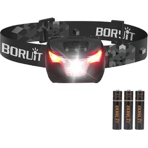 BORUIT BR01 Headlamp with Red White Light - AAA Battery Powered LED Head Lamp, Super Bright 4 Modes Head Flashlight for Kid Adult Camping Running Fishing